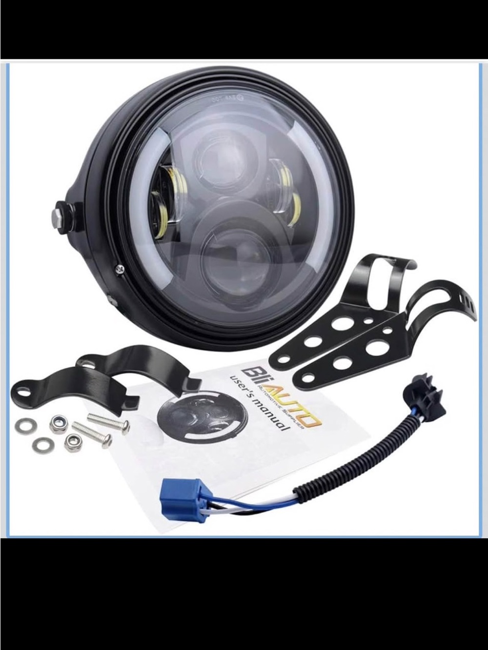 Black LED Motorcycle Headlight with Mounting Kit